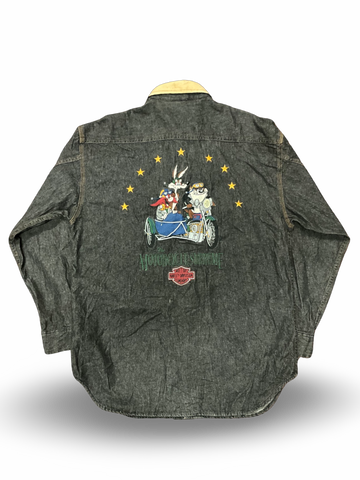 Vintage 1993 Harley Davidson Looney Tunes Button Up Denim Jean Shirt